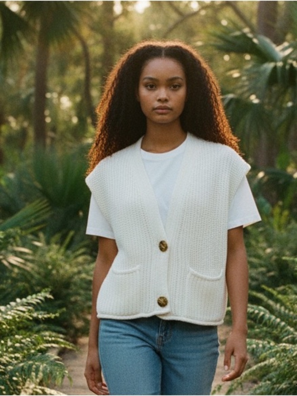 So Me Cream Knit Button Vest